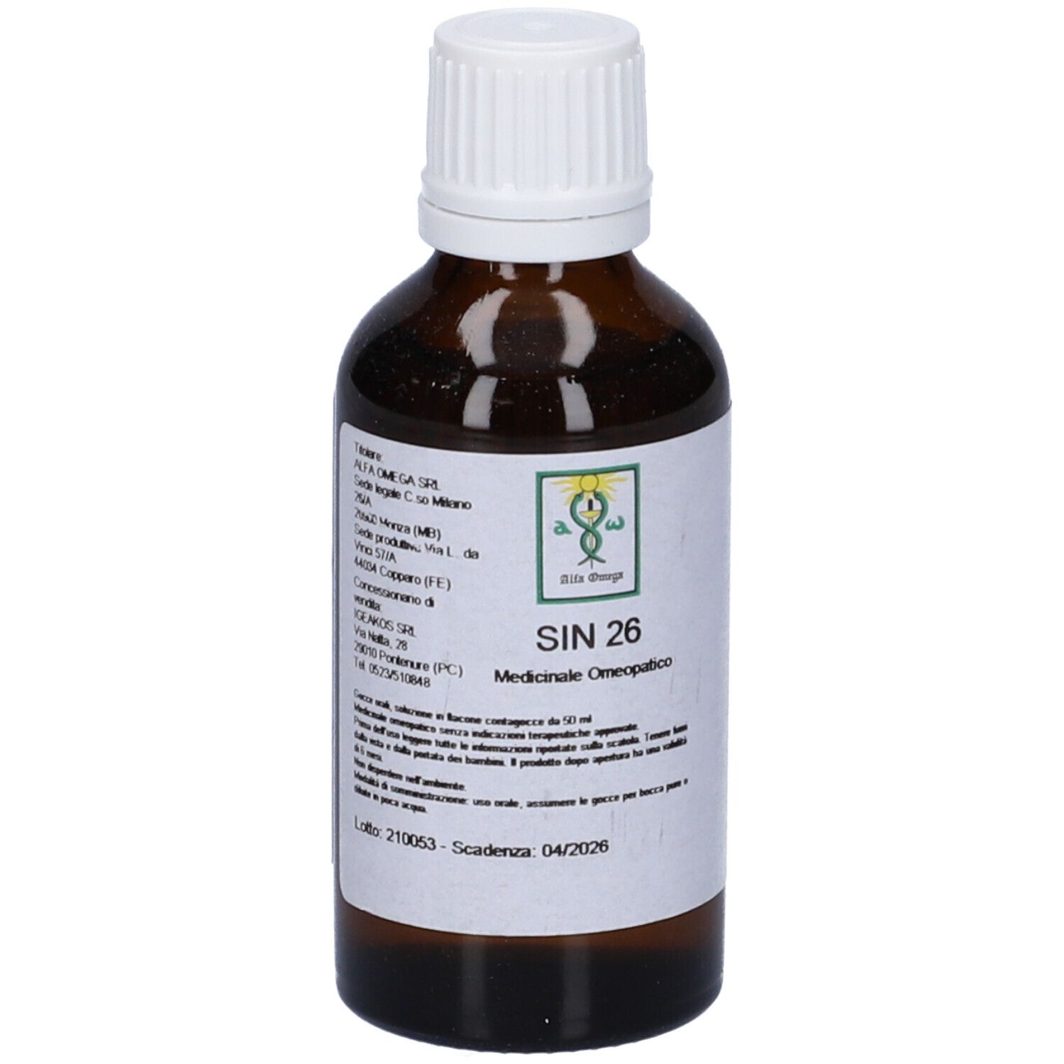 Flacone di vetro marrone con tappo bianco. L'etichetta riporta SIN 26 e altre informazioni.