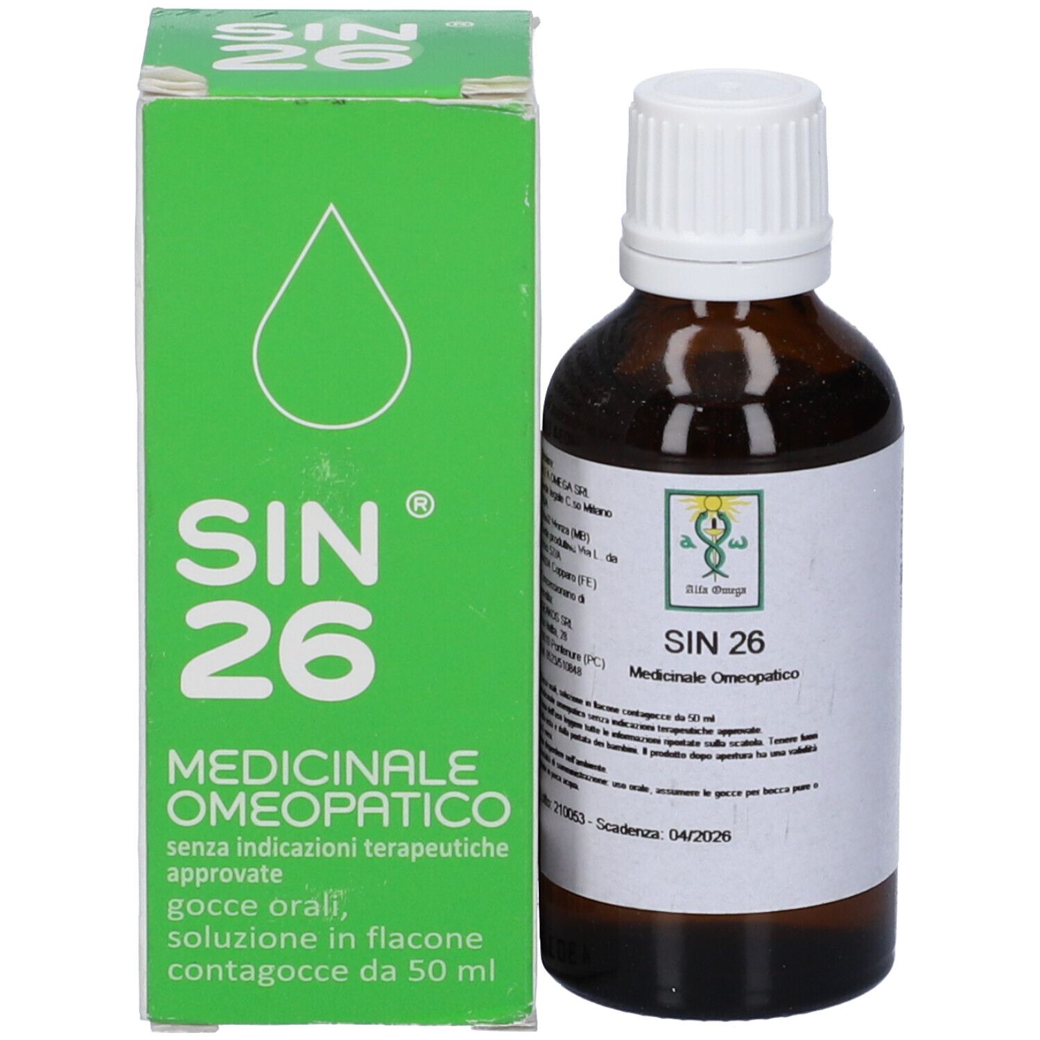 Flacone di vetro marrone con tappo bianco e scatola verde. Sulla scatola c'è scritto SIN 26.