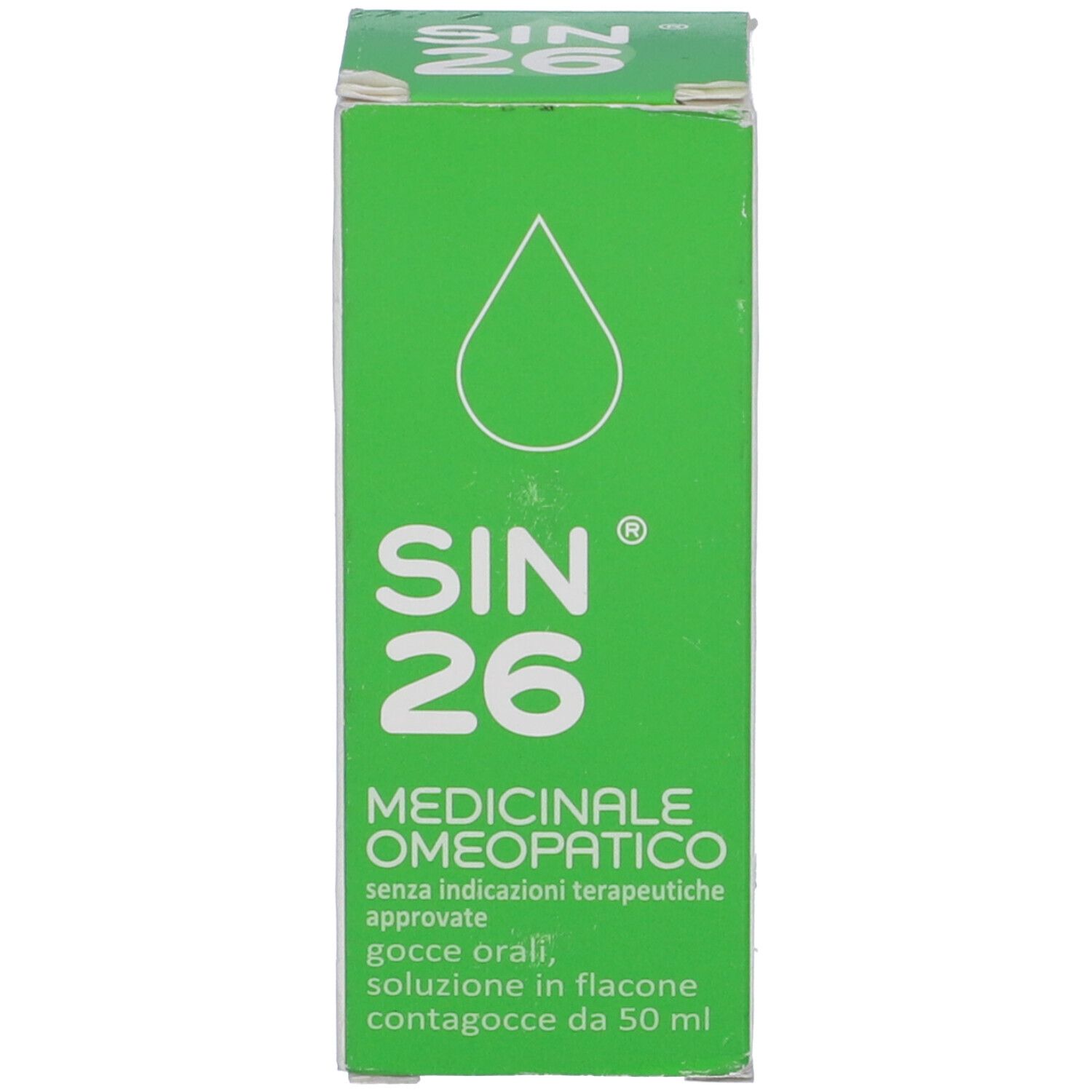 Scatola verde con simbolo a goccia bianco e testo. Sulla scatola c'è scritto SIN 26.