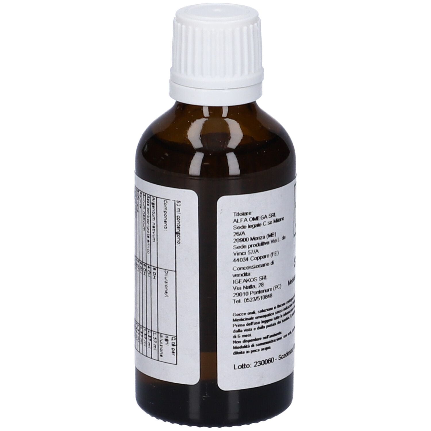 Vista posteriore di un flacone di vetro marrone con tappo bianco. Etichetta con testo. SIN 29, Medicinale Omeopatico.