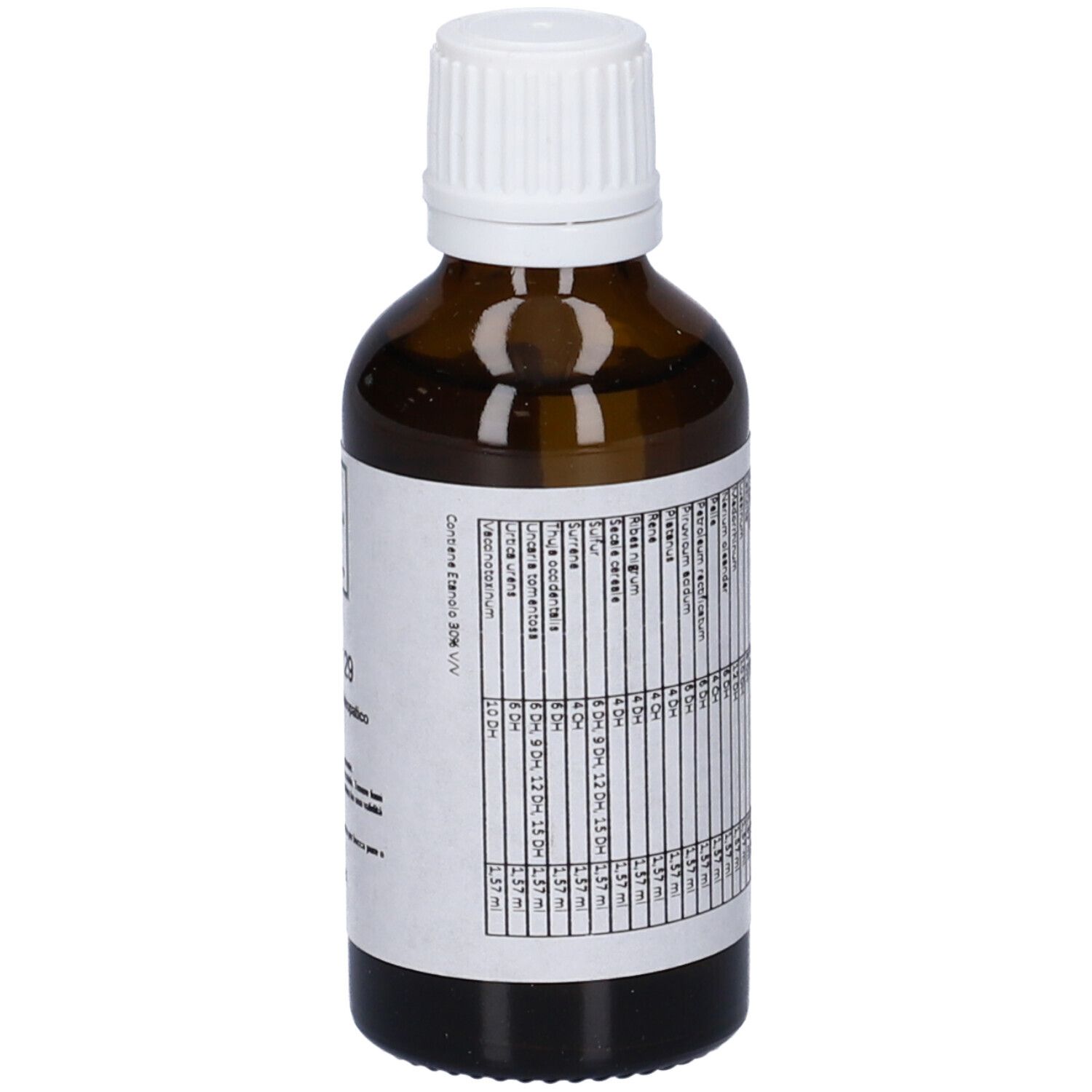 Flacone di vetro marrone con tappo bianco. Etichetta con testo. SIN 29, Medicinale Omeopatico.