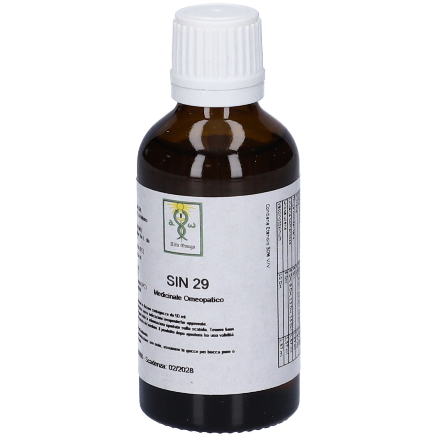 Flacone di vetro marrone con tappo bianco. Etichetta con testo. SIN 29, Medicinale Omeopatico.