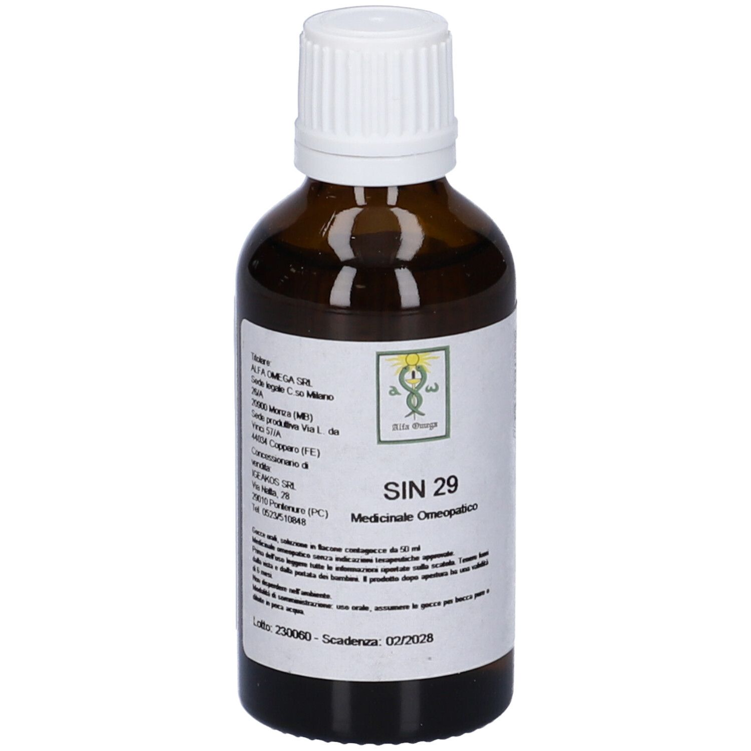 Flacone di vetro marrone con tappo bianco. Etichetta con testo. SIN 29, Medicinale Omeopatico.