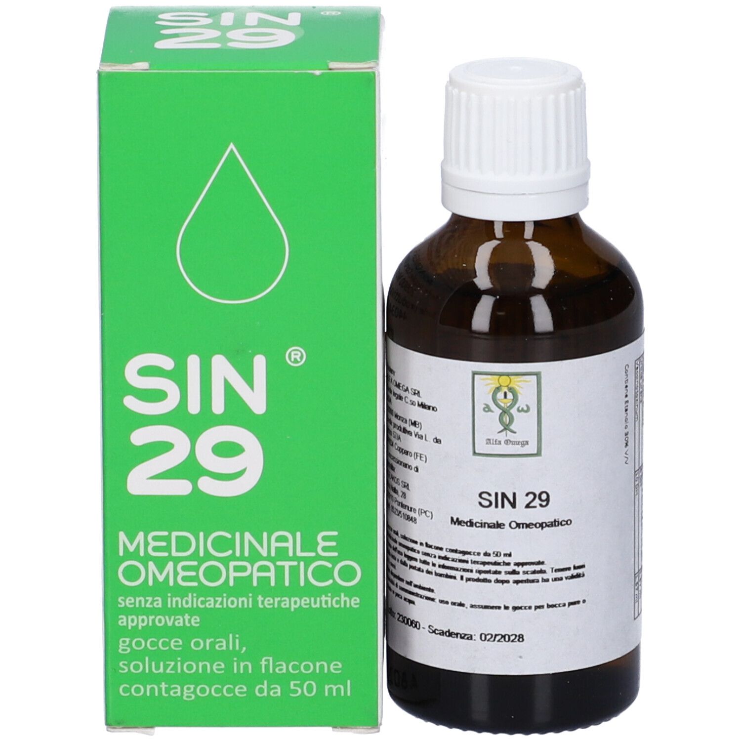 Flacone di vetro marrone con tappo bianco e scatola verde. SIN 29, Medicinale Omeopatico. Gocce.