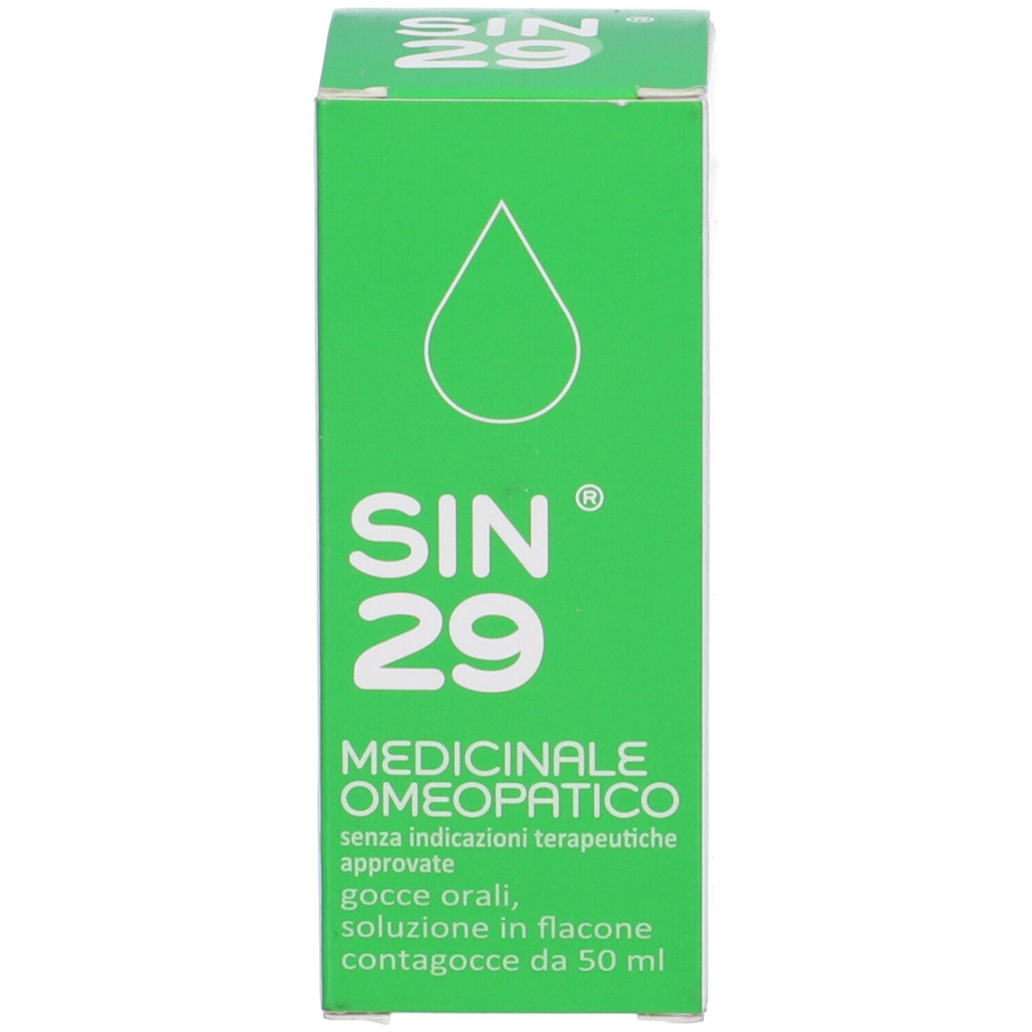 Scatola verde con testo bianco. SIN 29, Medicinale Omeopatico. Gocce, soluzione in flacone.