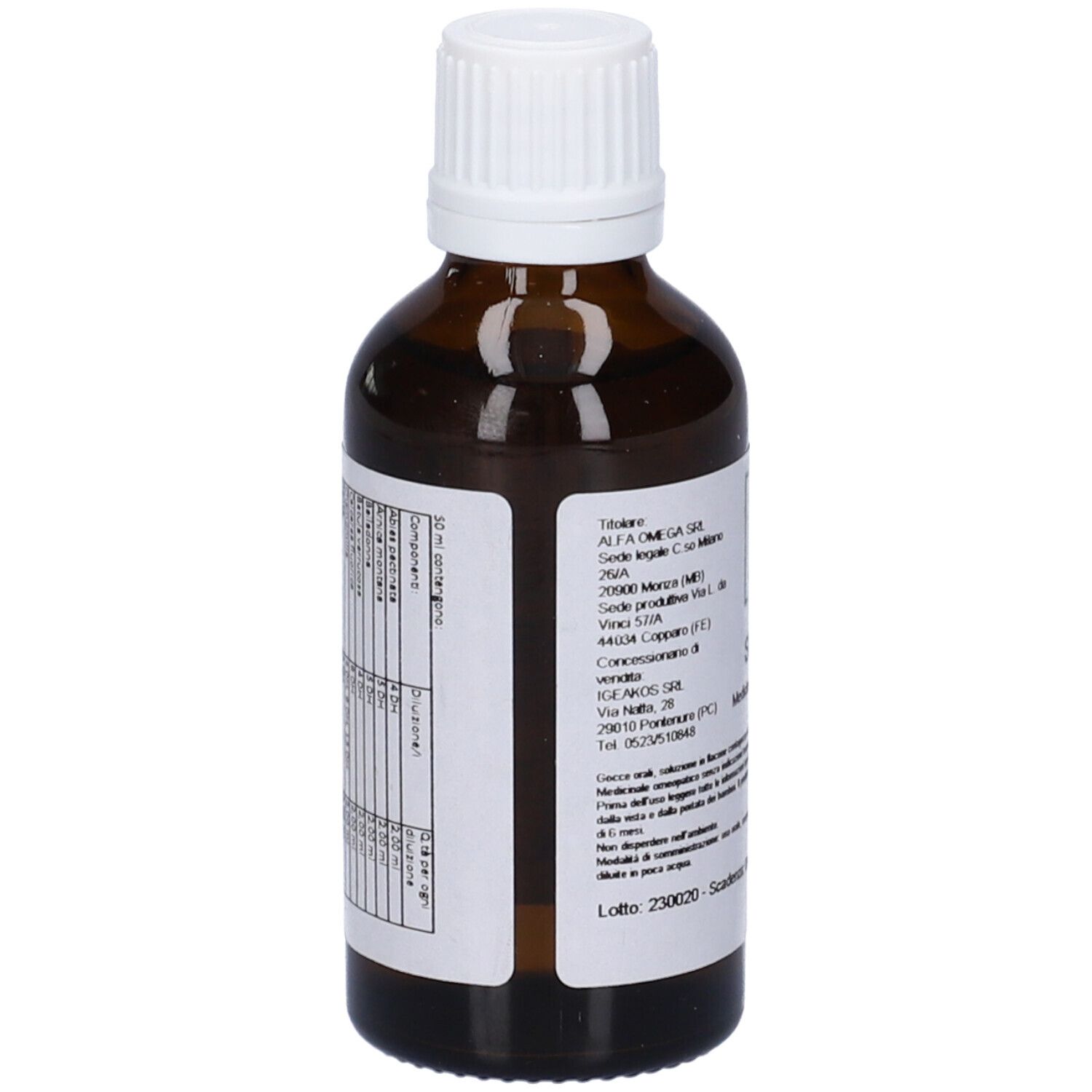 Flacone di vetro marrone con tappo bianco. Etichetta con testo. SIN 31, Medicinale omeopatico.