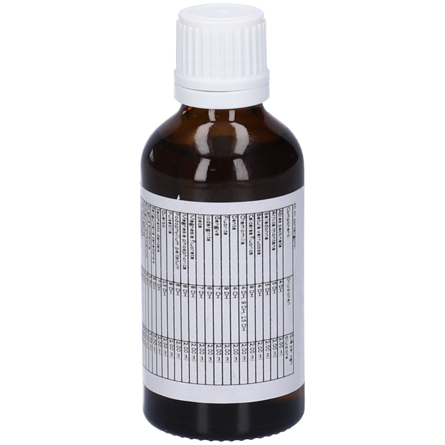 Flacone di vetro marrone con tappo bianco. Etichetta con testo. SIN 31, Medicinale omeopatico.