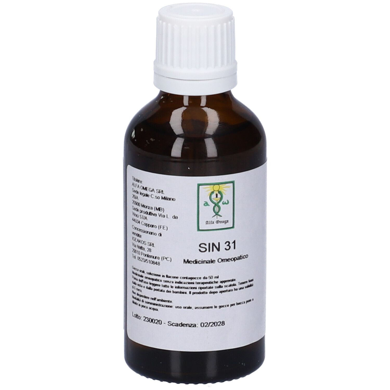 Flacone di vetro marrone con tappo bianco. Etichetta con testo e logo. SIN 31, Medicinale omeopatico.