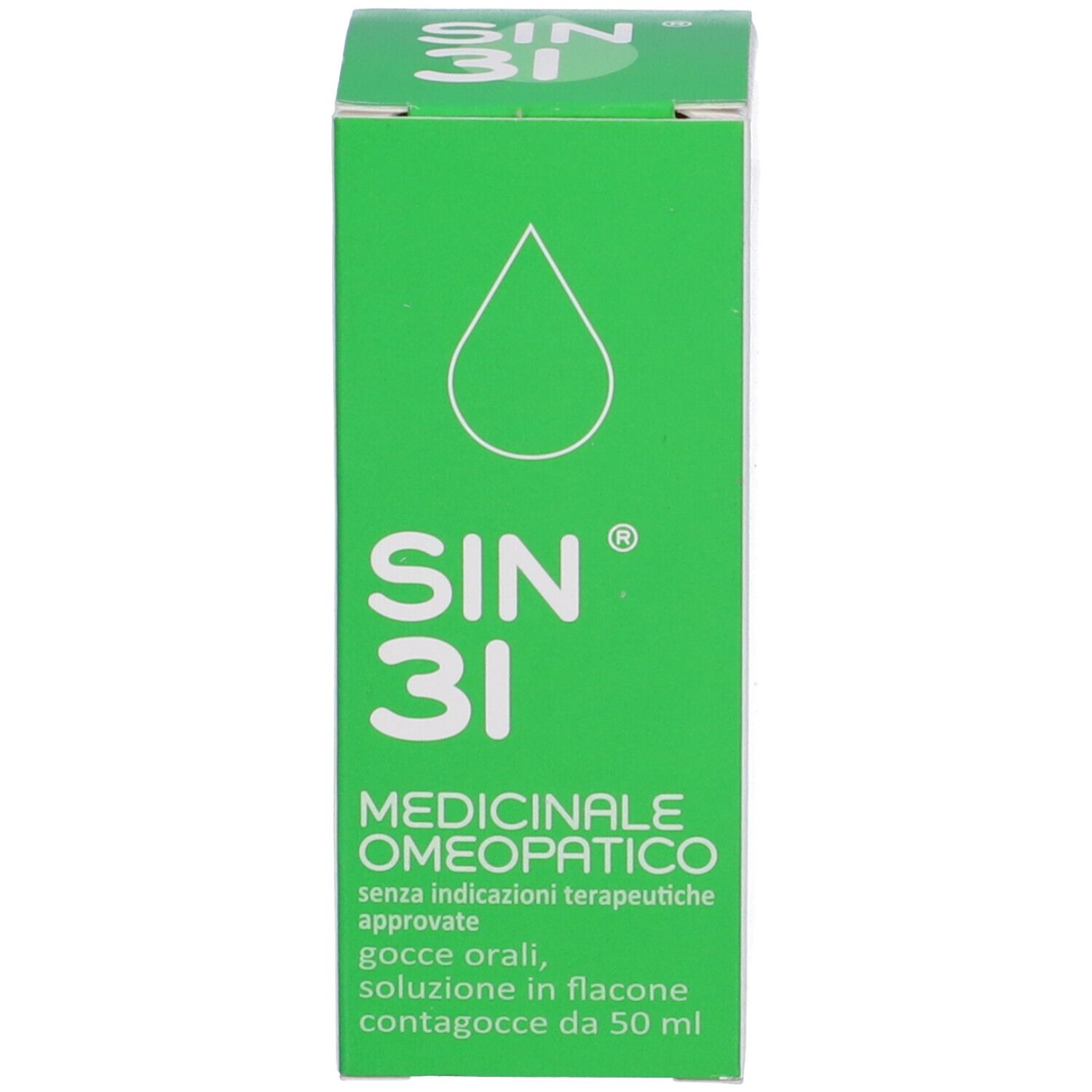 Scatola verde con testo. SIN 31, Medicinale omeopatico. Gocce, soluzione in flacone contagocce.