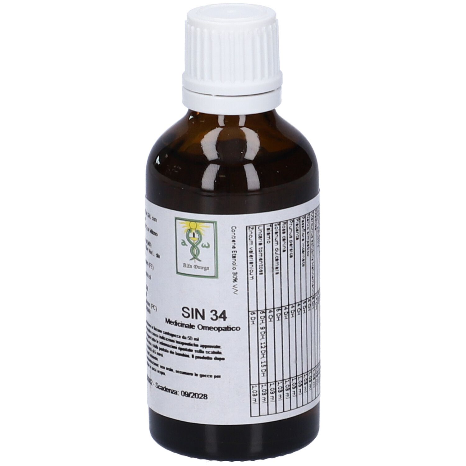 Flacone di vetro marrone con tappo bianco. Etichetta con testo e logo. SIN 34 Medicinale Omeopatico.