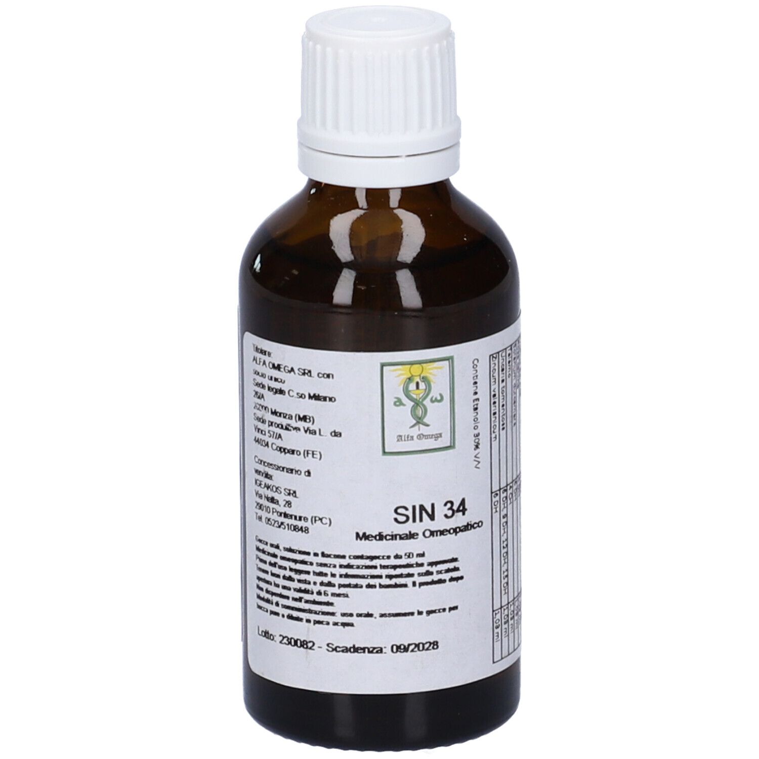 Flacone di vetro marrone con tappo bianco. Etichetta con testo e logo. SIN 34 Medicinale Omeopatico.