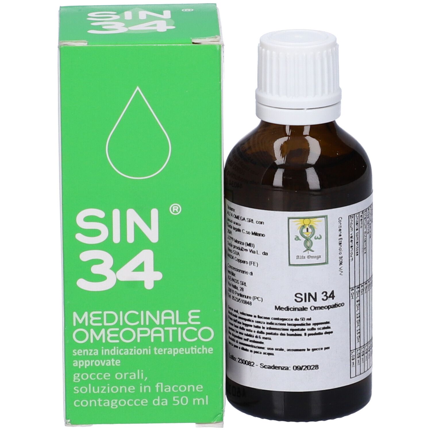 Flacone di vetro marrone con tappo bianco e scatola verde. Sulla scatola: SIN 34, Medicinale Omeopatico.