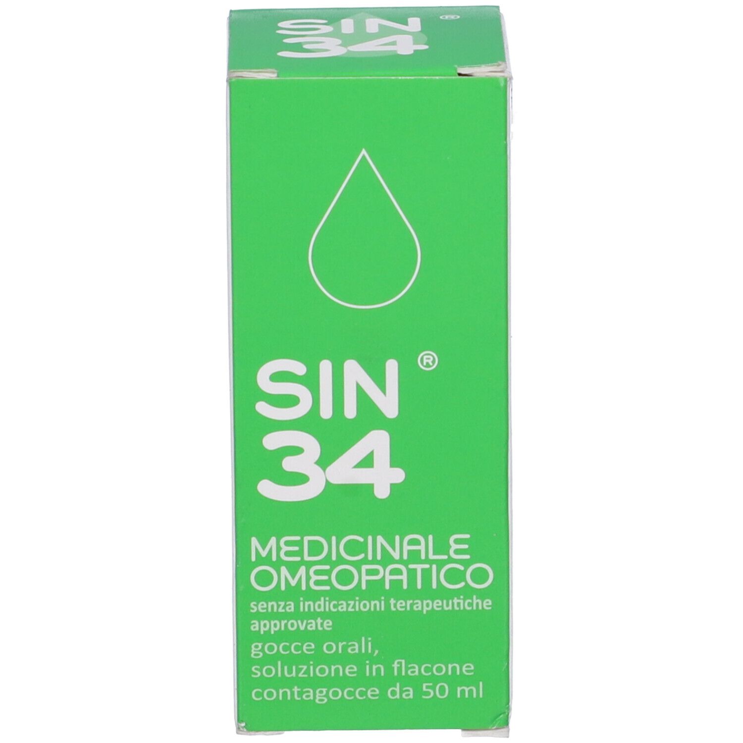 Scatola verde con testo bianco. SIN 34, Medicinale Omeopatico. Simbolo della goccia.