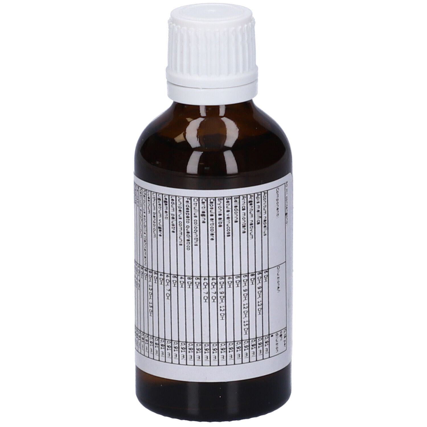 Flacone di vetro marrone con tappo bianco. Etichetta con testo. Vista dettagliata degli ingredienti e informazioni.