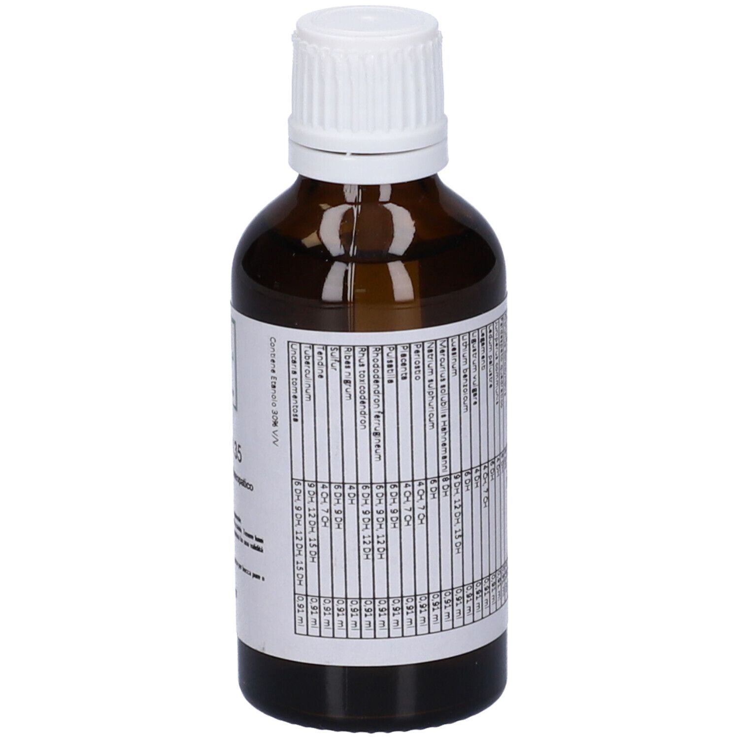 Flacone di vetro marrone con tappo bianco. Etichetta con testo. Vista dettagliata degli ingredienti e informazioni.