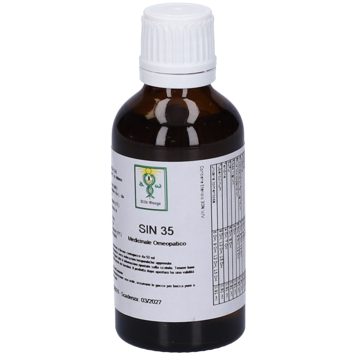 Flacone di vetro marrone con tappo bianco. Etichetta con testo: SIN 35, Medicinale Omeopatico. Logo verde.