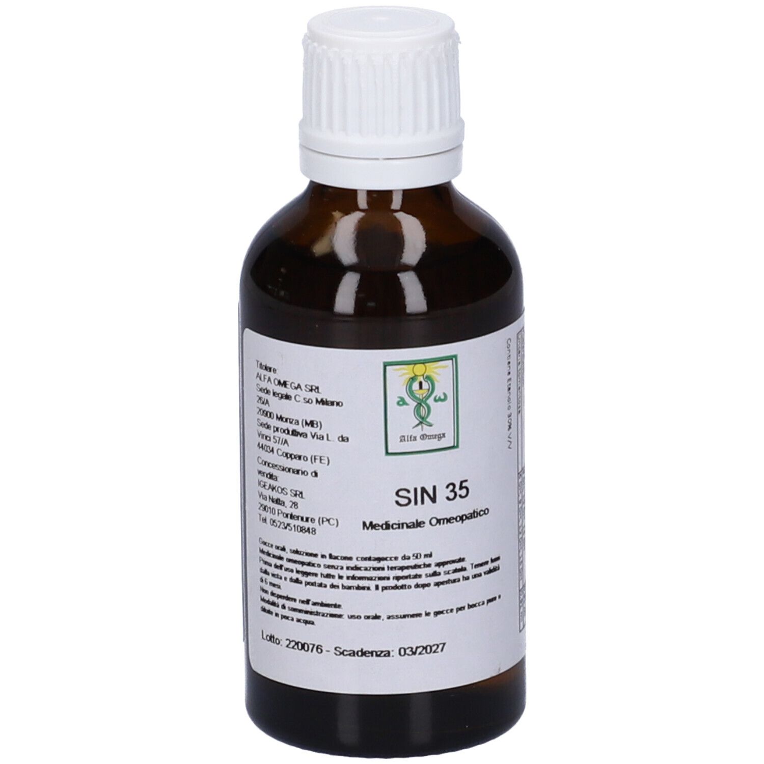 Flacone di vetro marrone con tappo bianco. Etichetta con testo: SIN 35, Medicinale Omeopatico. Logo verde.
