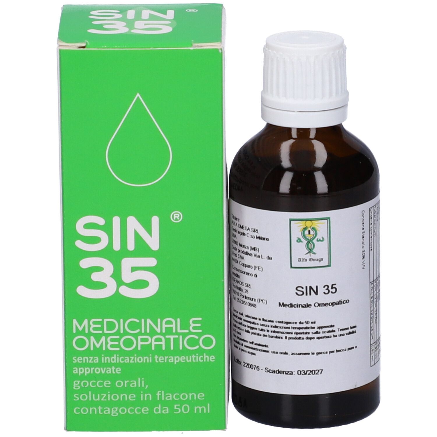 Scatola verde e flacone di vetro marrone con tappo bianco. Etichetta con testo: SIN 35, Medicinale Omeopatico.