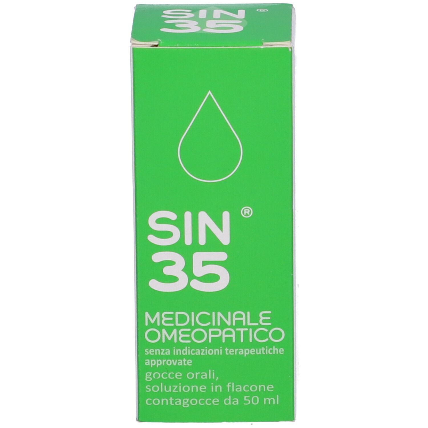 Scatola verde con testo: SIN 35, Medicinale Omeopatico. Simbolo di goccia.
