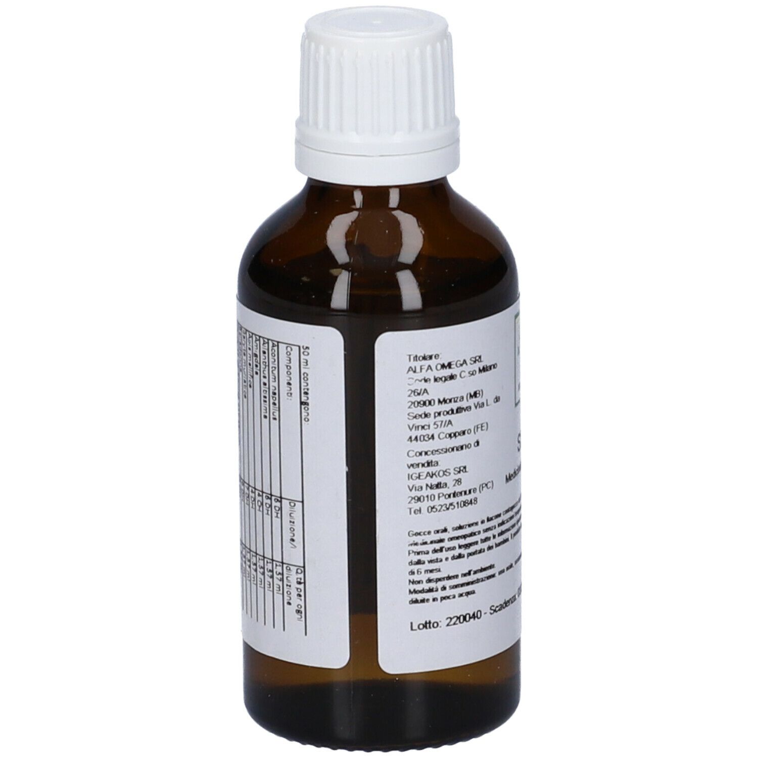 Flacone di vetro marrone con tappo bianco. Etichetta con testo. SIN 42, Medicinale Omeopatico. Logo verde.