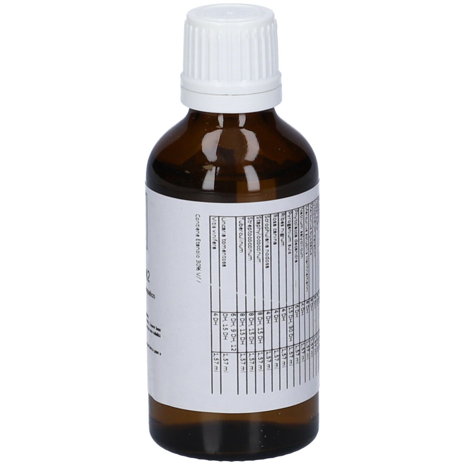 Flacone di vetro marrone con tappo bianco. Etichetta con testo. SIN 42, Medicinale Omeopatico. Logo verde.