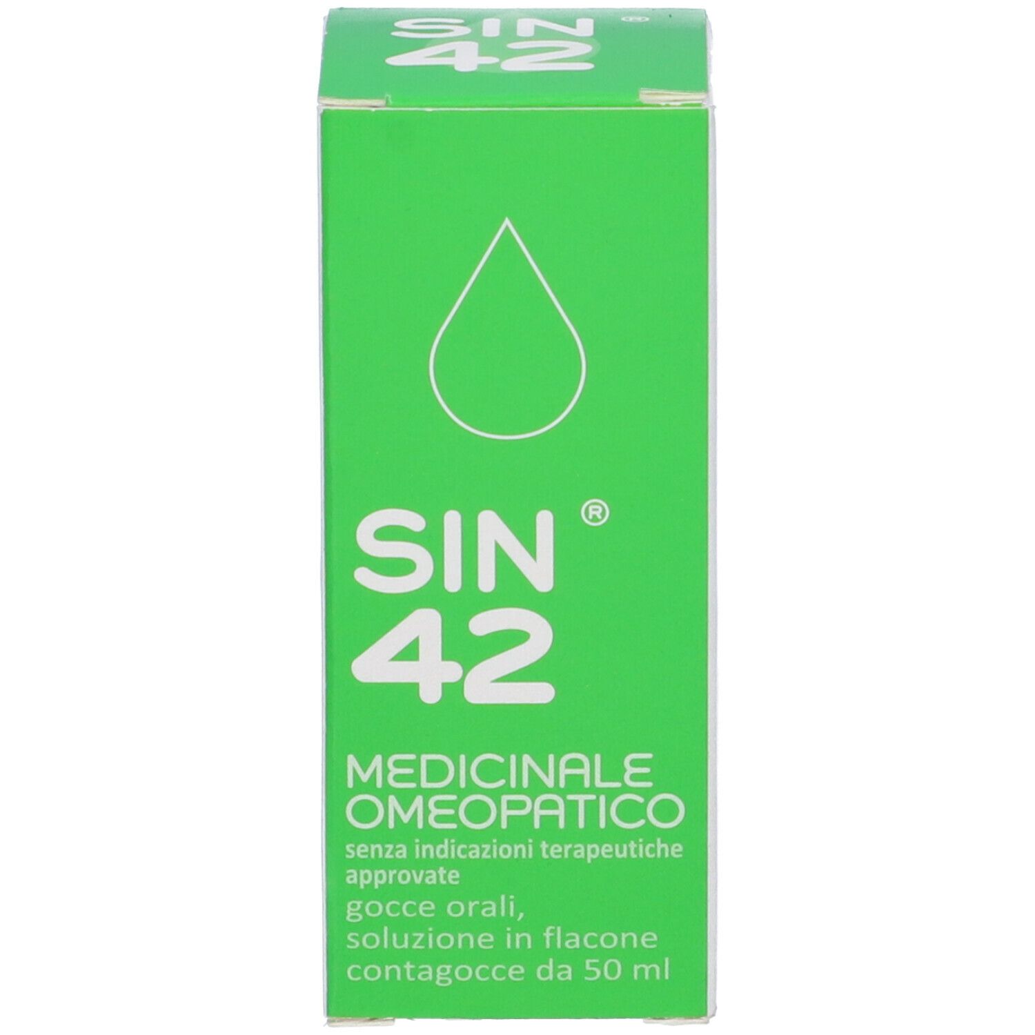 Scatola verde con testo. SIN 42, Medicinale Omeopatico. Gocce, soluzione in flacone. Logo verde.