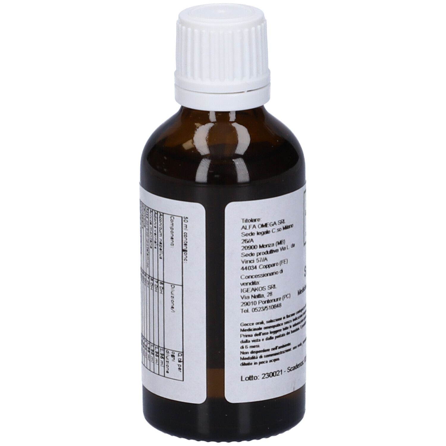 Flacone di vetro marrone con tappo bianco. Etichetta con testo. SIN 58, Medicinale Omeopatico.