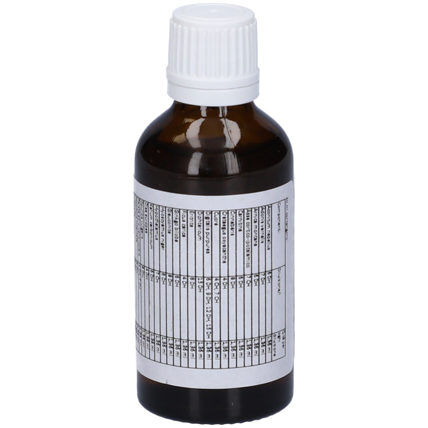 Flacone di vetro marrone con tappo bianco. Etichetta con testo. SIN 58, Medicinale Omeopatico.