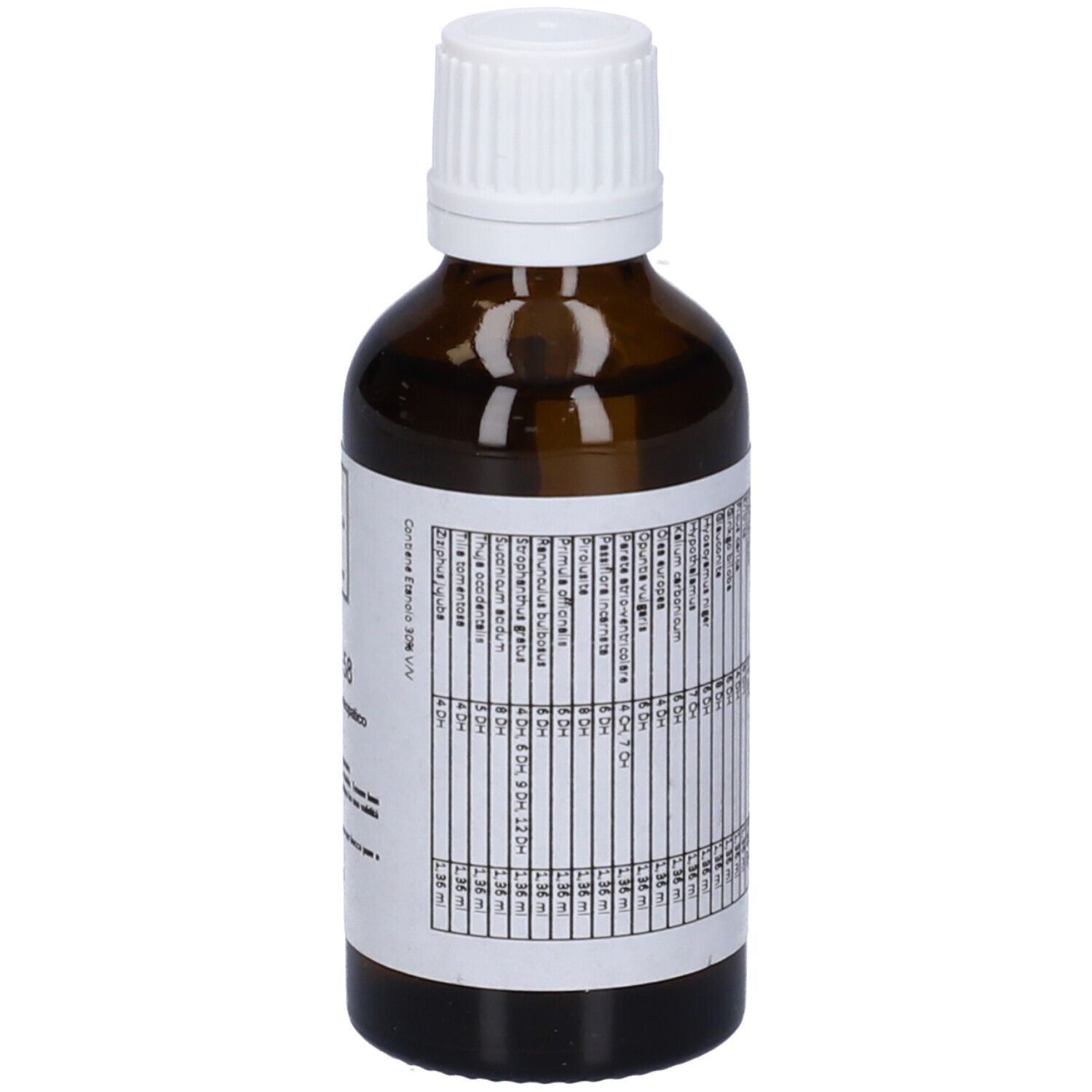 Flacone di vetro marrone con tappo bianco. Etichetta con testo. SIN 58, Medicinale Omeopatico.