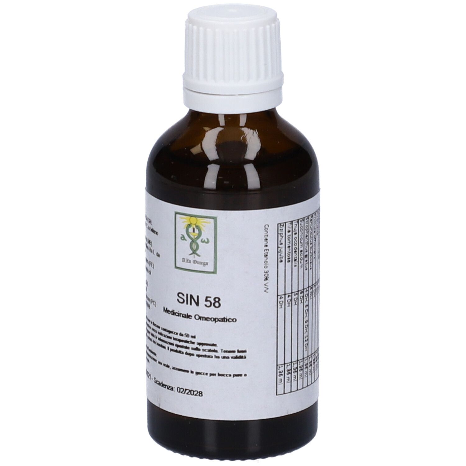 Flacone di vetro marrone con tappo bianco. Etichetta con testo. SIN 58, Medicinale Omeopatico.