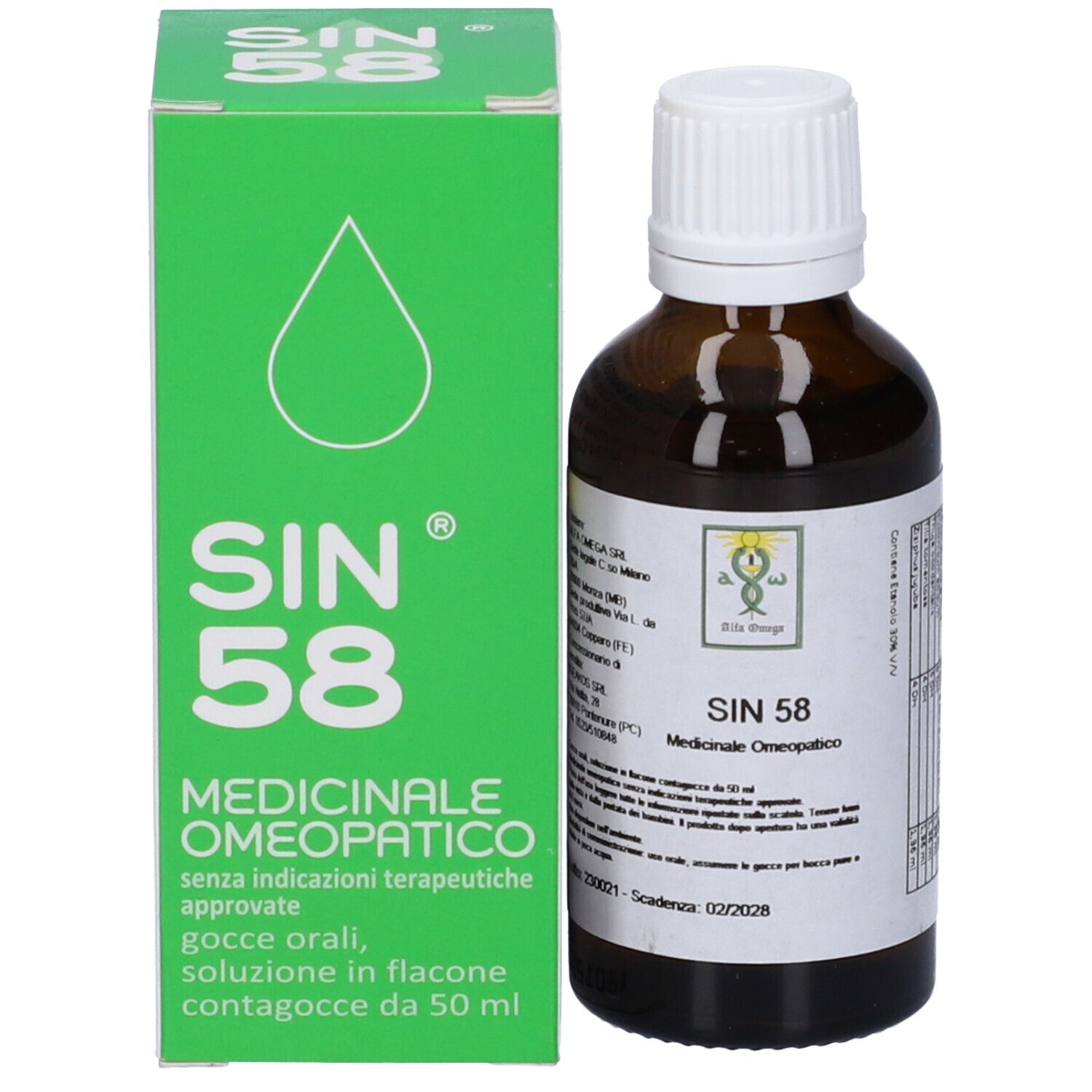 Scatola verde e flacone marrone. SIN 58, Medicinale Omeopatico. Gocce, soluzione in flacone contagocce.