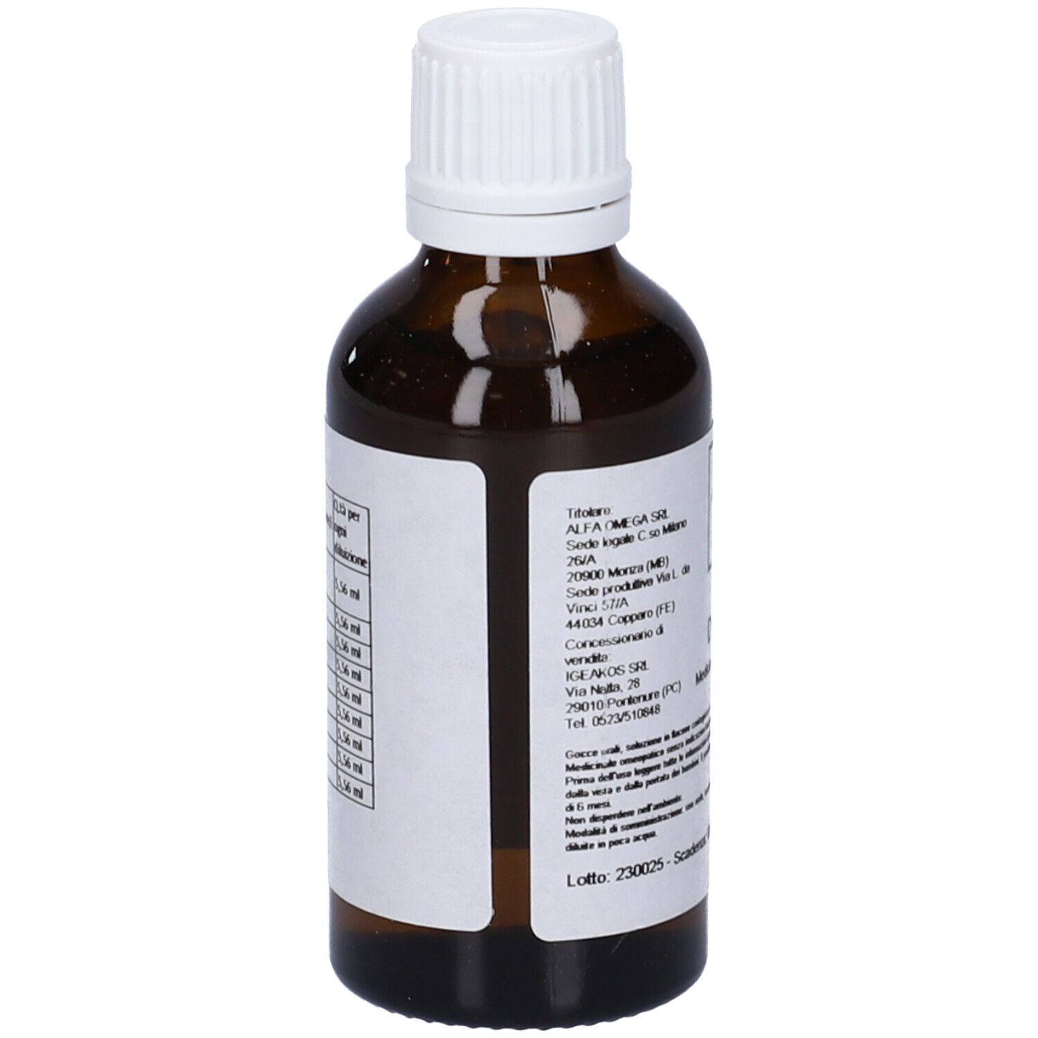 Flacone di vetro marrone con tappo bianco. Etichetta con testo e ingredienti. Vista posteriore.