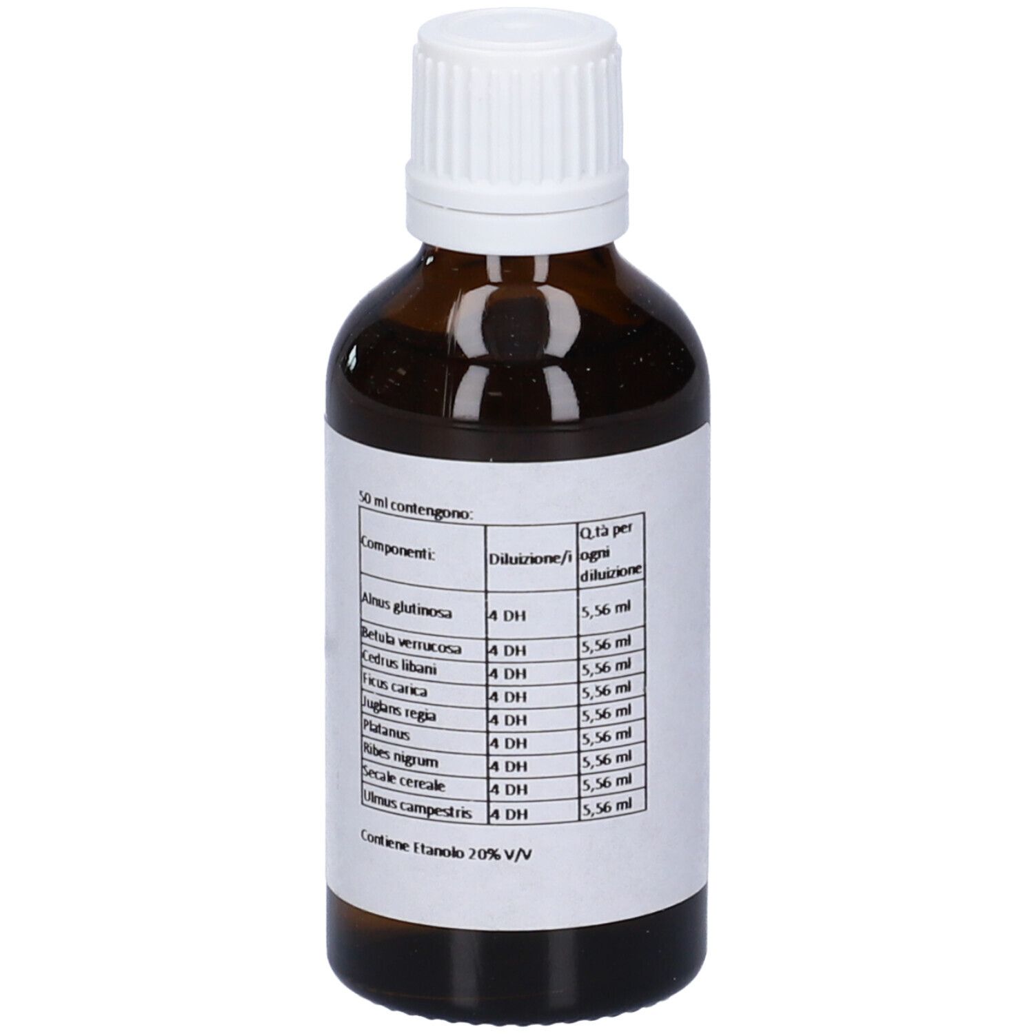 Flacone di vetro marrone con tappo bianco. Etichetta con ingredienti. Elenco degli ingredienti.