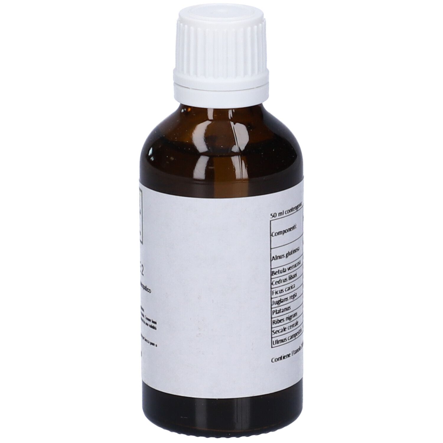 Flacone di vetro marrone con tappo bianco. Etichetta con testo e ingredienti.