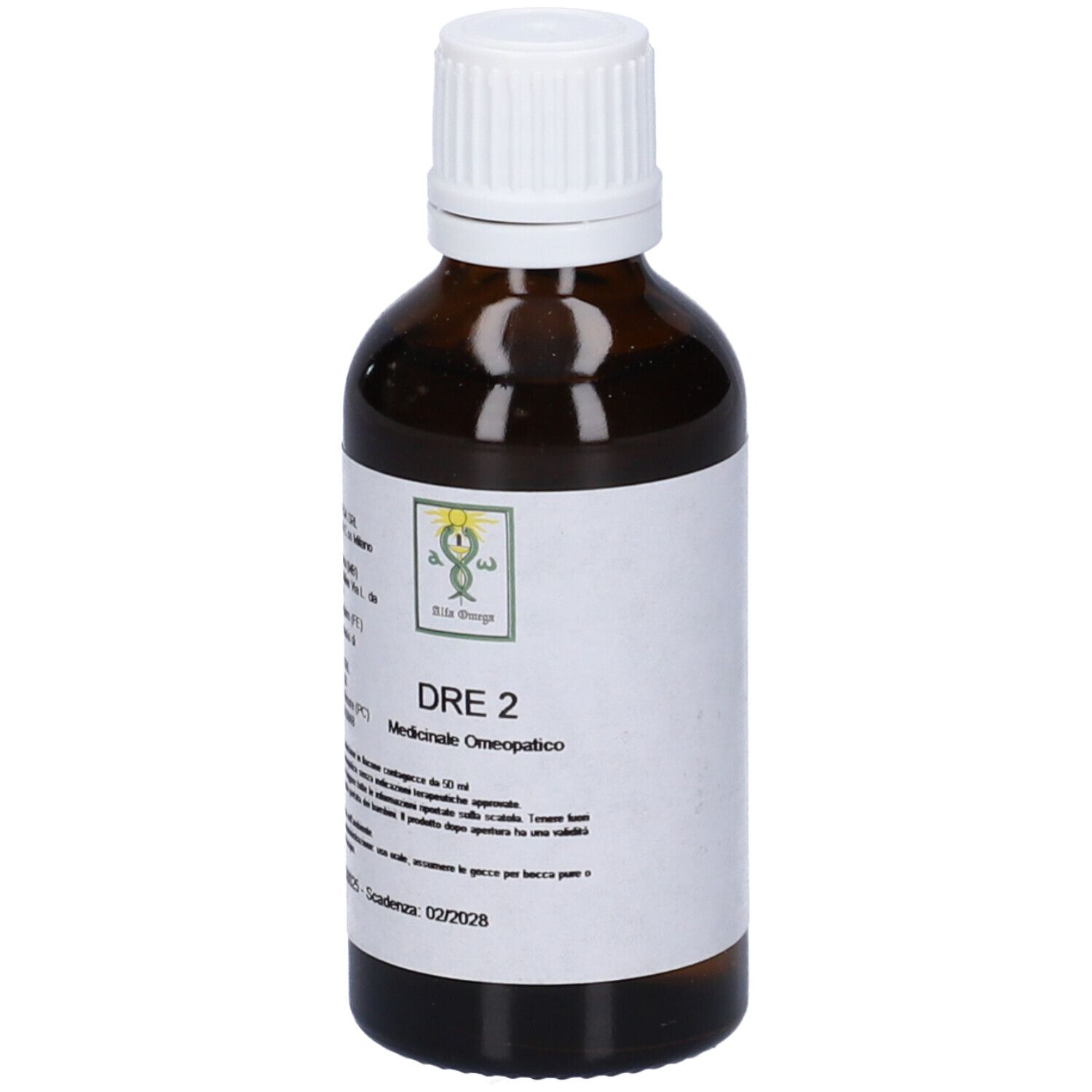 Flacone di vetro marrone con tappo bianco. Etichetta con testo: DRE 2, Medicinale Omeopatico. Logo.