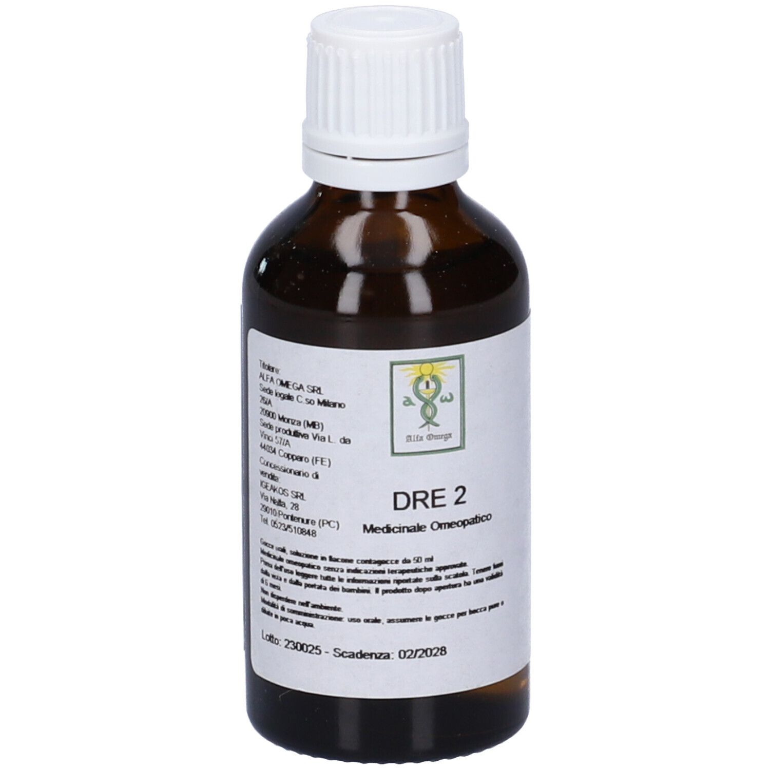 Flacone di vetro marrone con tappo bianco. Etichetta con testo: DRE 2, Medicinale Omeopatico. Logo.