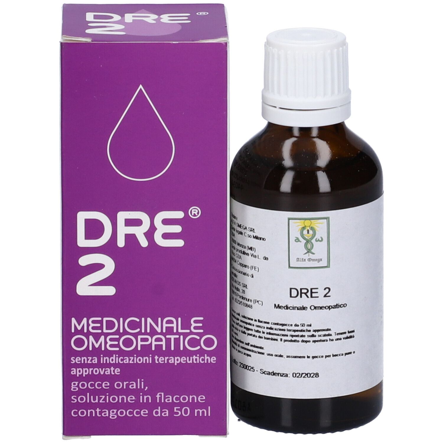 Confezione e flacone del prodotto. Scatola viola e flacone marrone con tappo bianco. Testo: DRE 2.