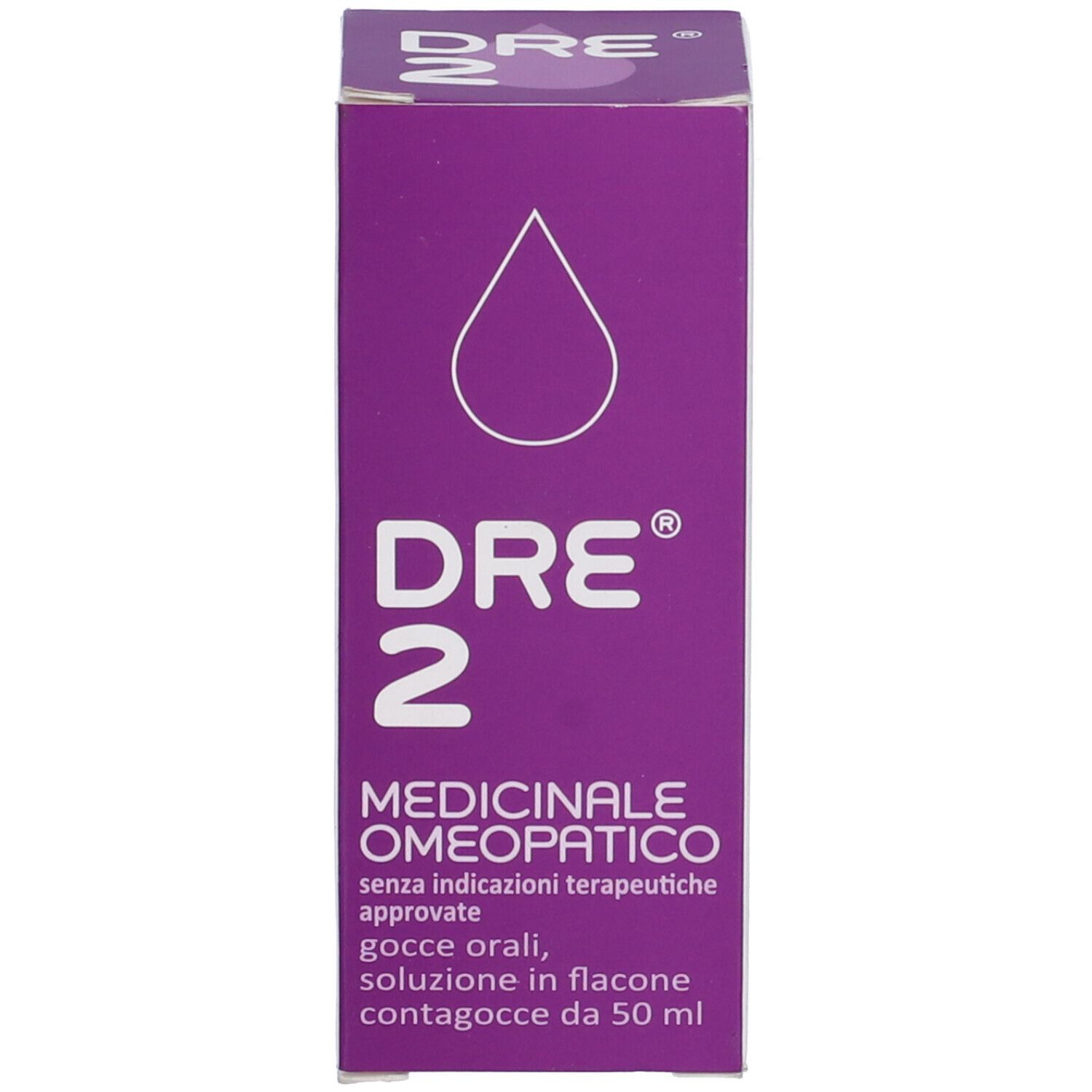Scatola viola con testo: DRE 2, Medicinale Omeopatico. Simbolo della goccia.