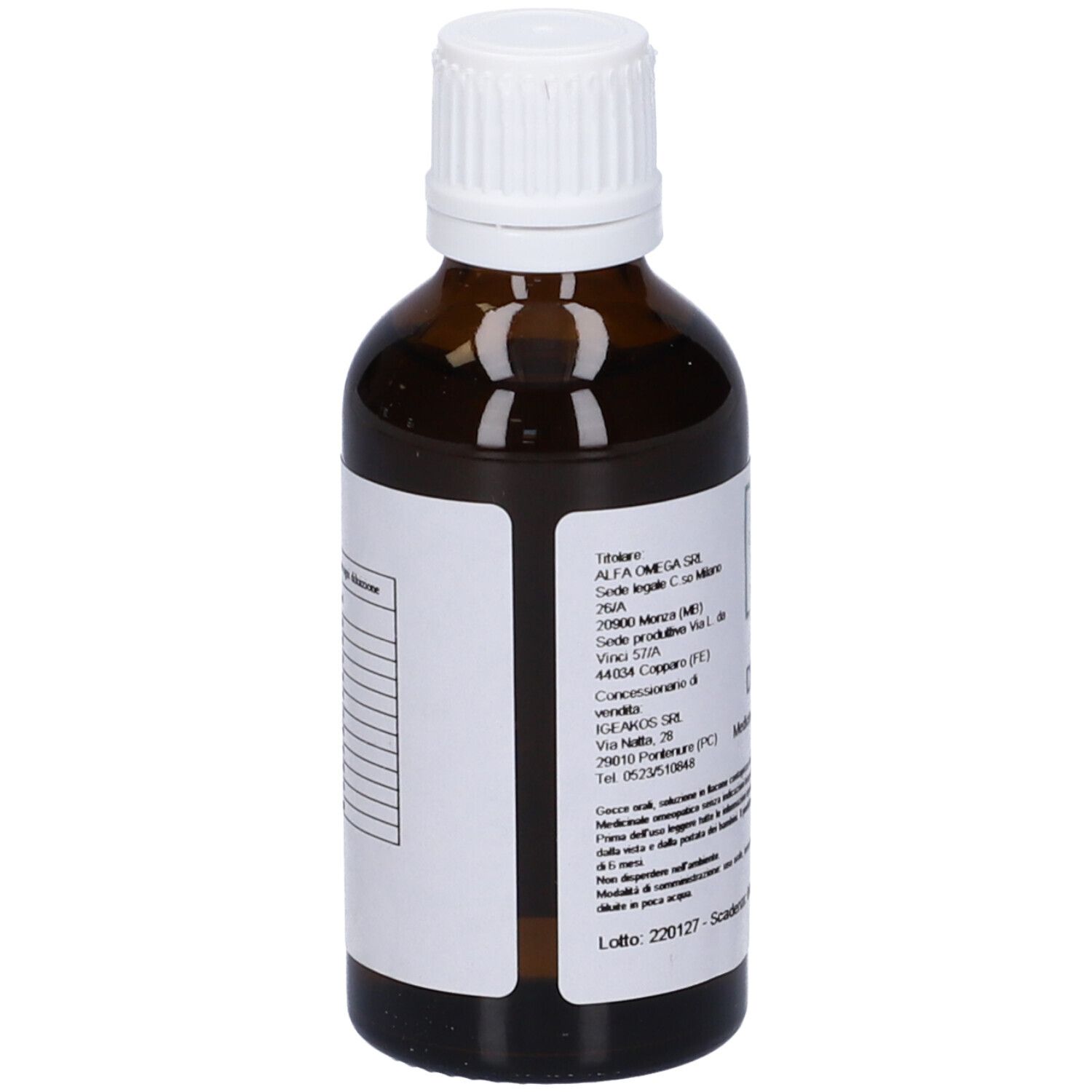 Vista posteriore di un flacone di vetro marrone con tappo bianco. Etichetta con testo e informazioni sull'indirizzo.