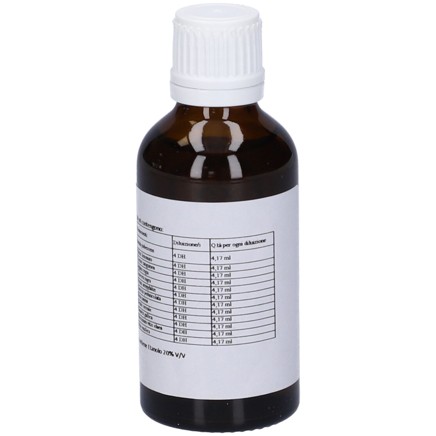 Flacone di vetro marrone con tappo bianco. Etichetta con testo: Ingredienti, dosaggio per goccia.