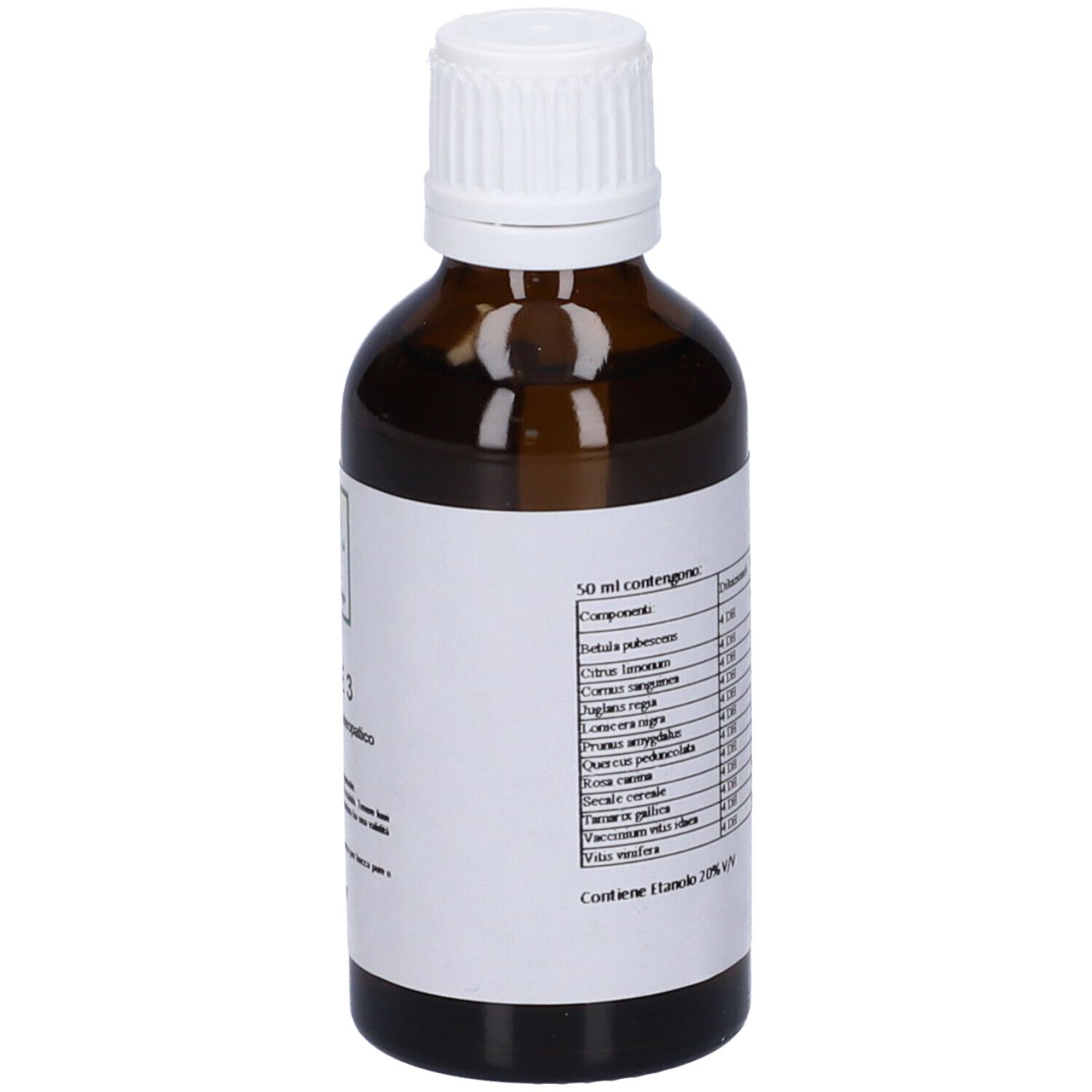 Flacone di vetro marrone con tappo bianco. Etichetta con testo: Ingredienti, 50 ml.