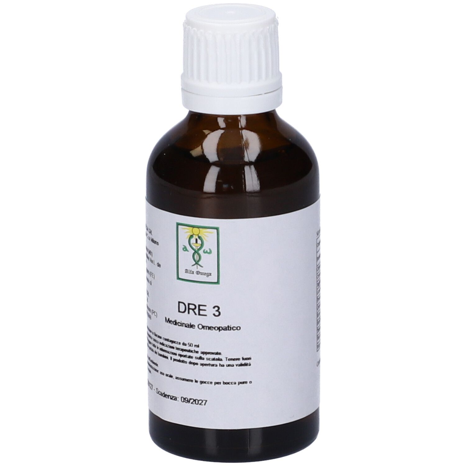 Flacone di vetro marrone con tappo bianco. Etichetta con testo: DRE 3, Medicinale omeopatico. Logo.