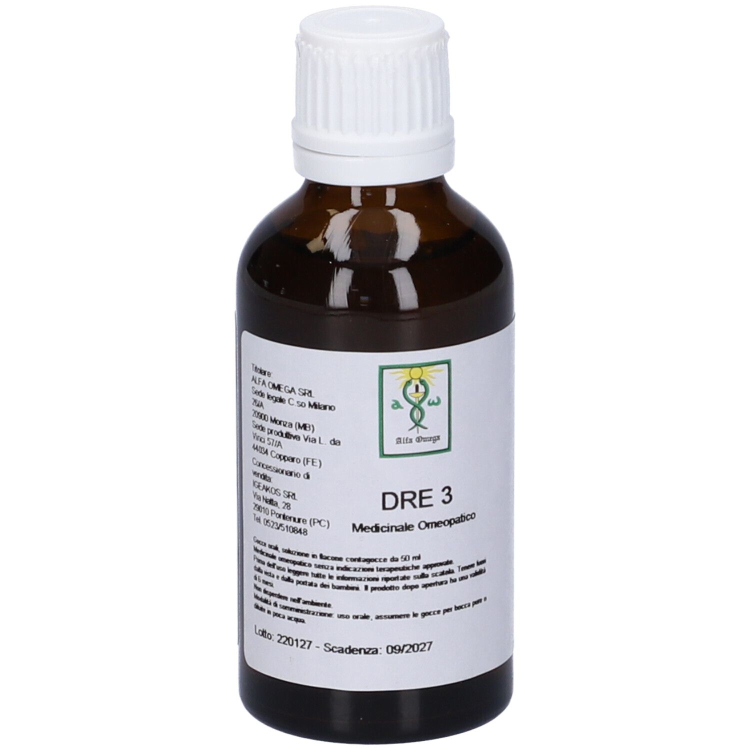 Flacone di vetro marrone con tappo bianco. Etichetta con testo: DRE 3, Medicinale omeopatico. Logo.