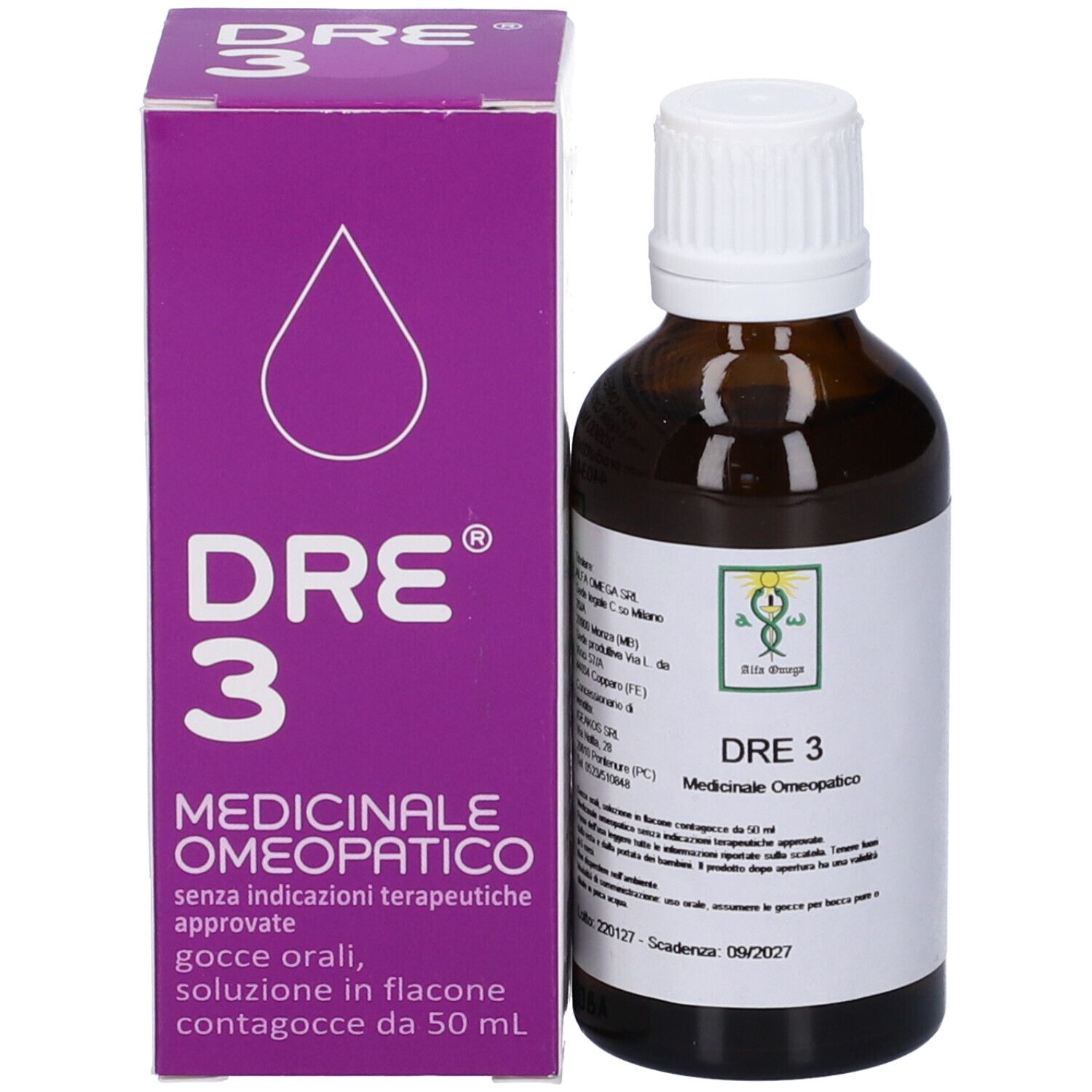 Confezione del prodotto e flacone. Scatola viola con testo: DRE 3, Medicinale omeopatico. Flacone accanto.