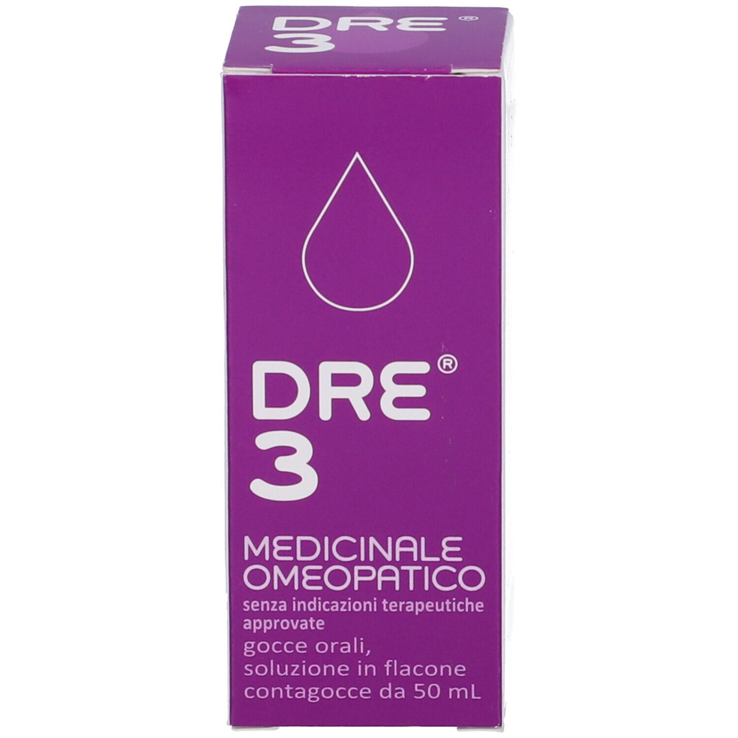 Scatola viola con testo: DRE 3, Medicinale omeopatico. Simbolo di goccia.