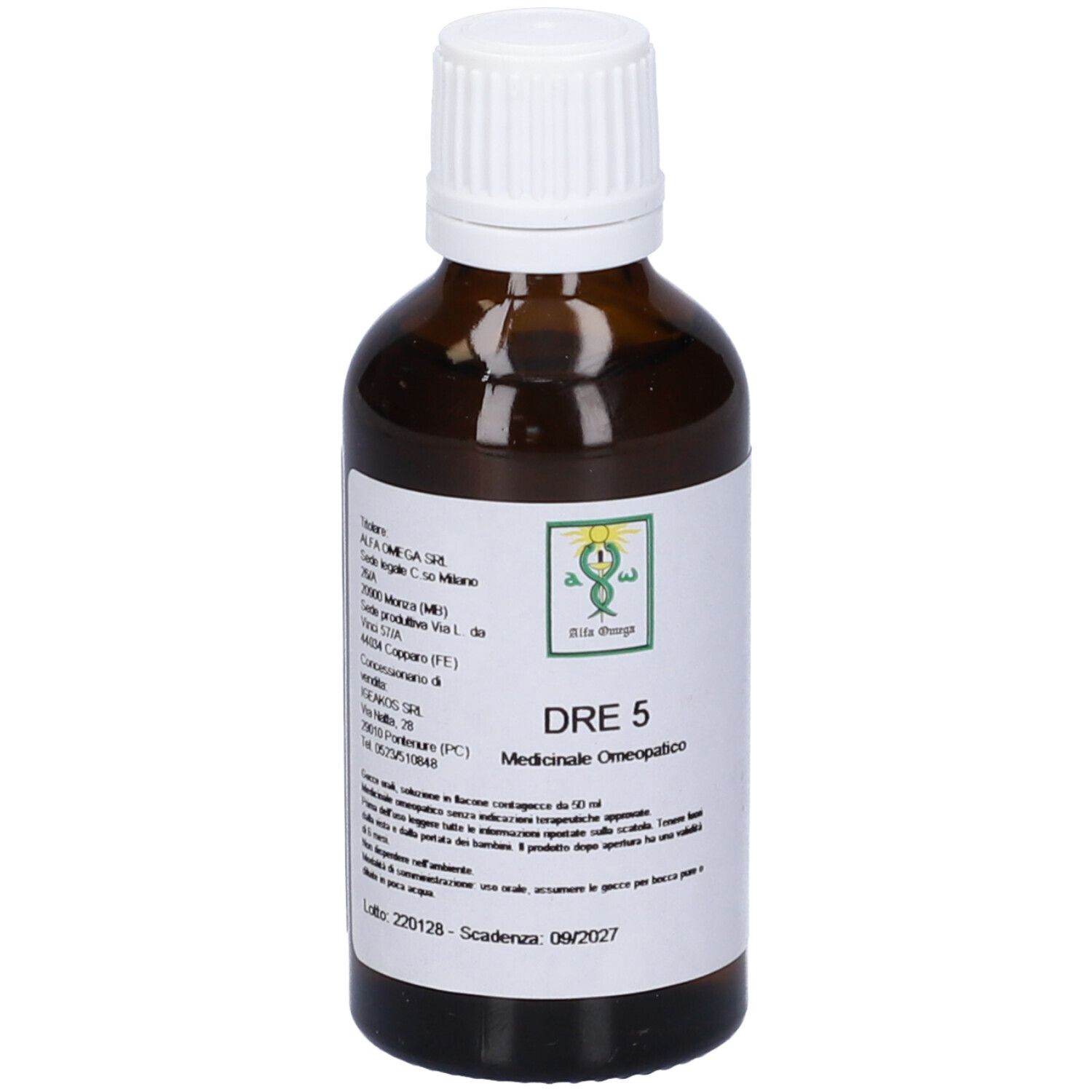 Flacone di vetro marrone con tappo bianco. Etichetta con nome prodotto: DRE 5. Logo e testo in italiano.
