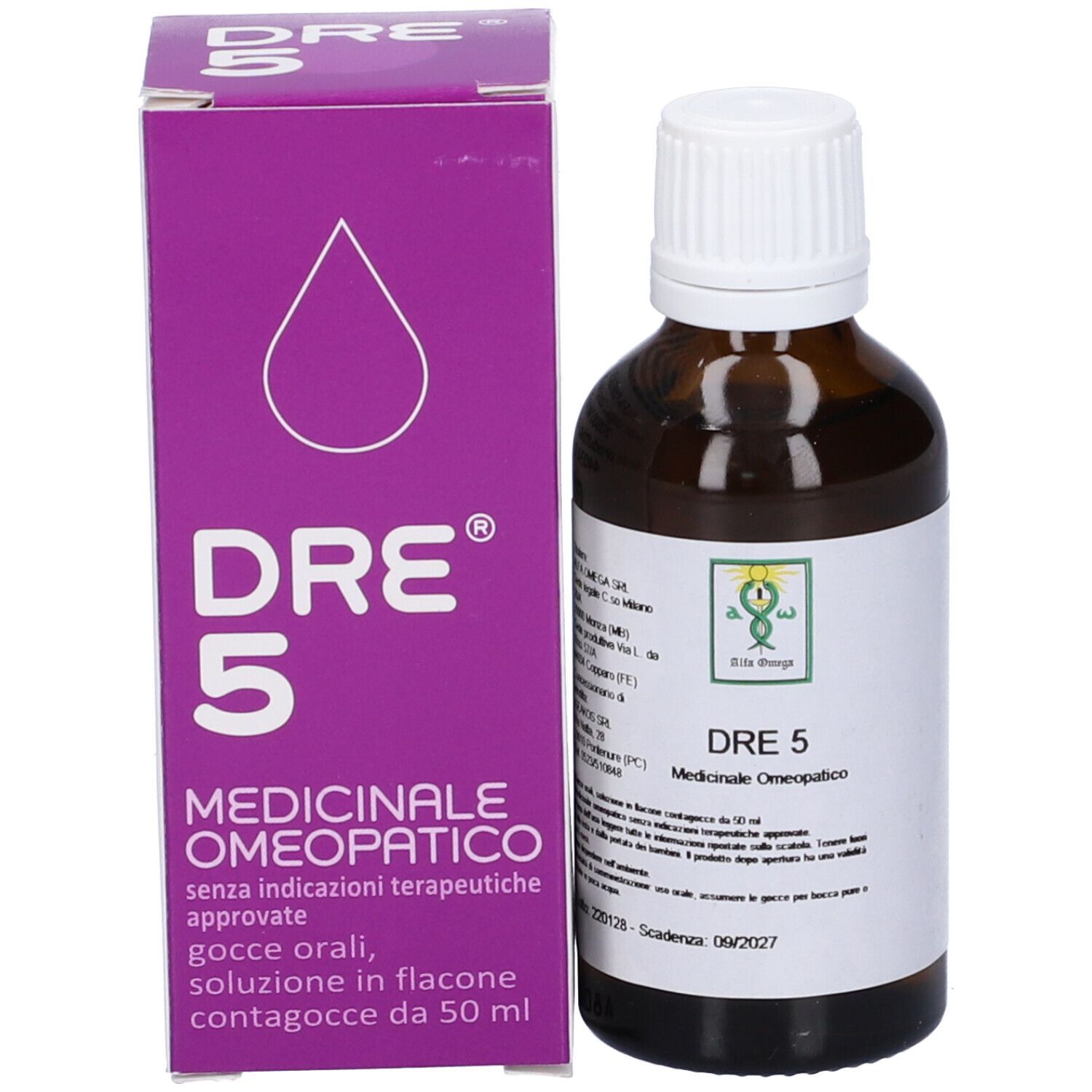 Confezione e flacone del prodotto. Scatola viola con nome prodotto: DRE 5. Flacone marrone con tappo bianco.