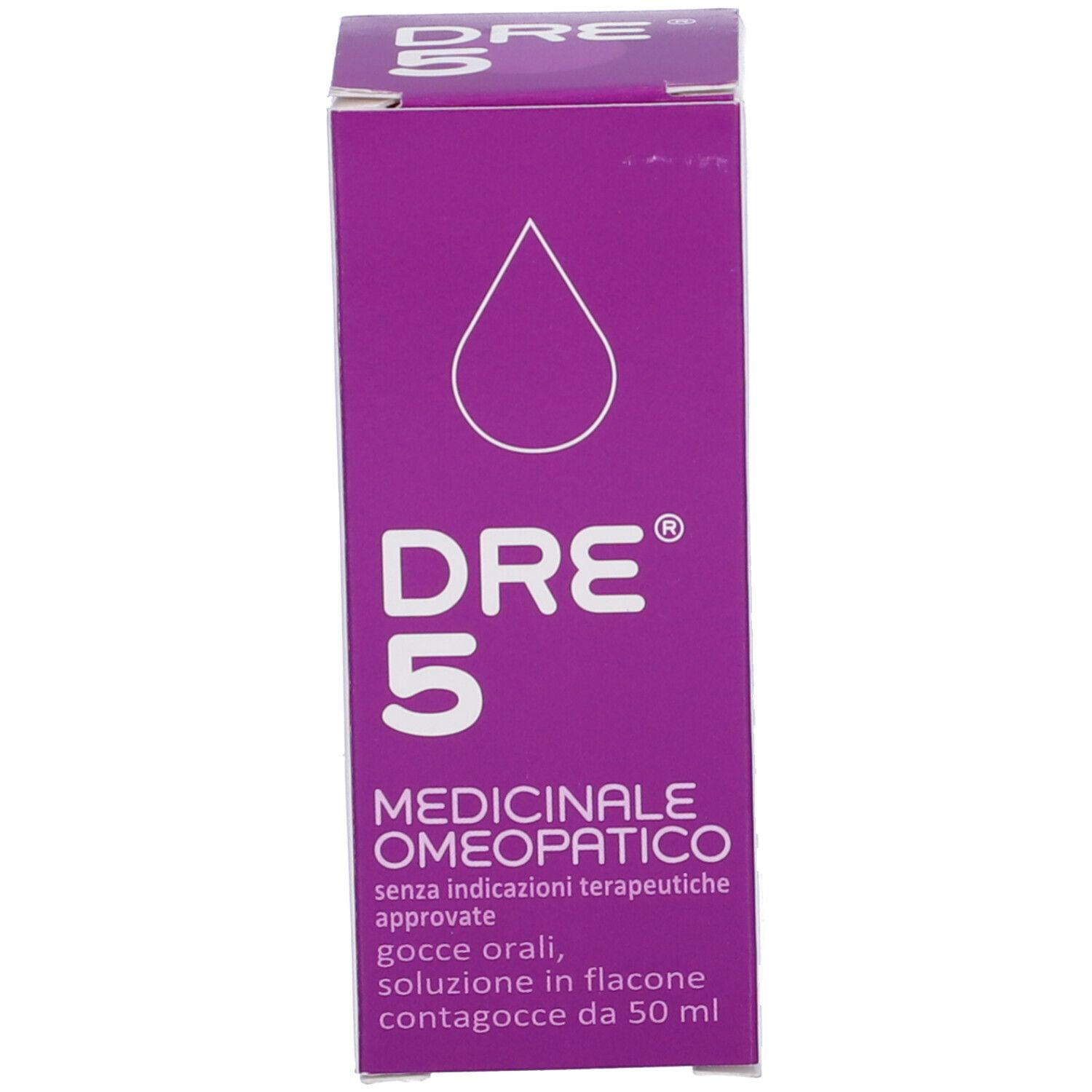 Scatola viola con nome prodotto: DRE 5. Testo e logo. Medicinale omeopatico. Flacone contagocce.