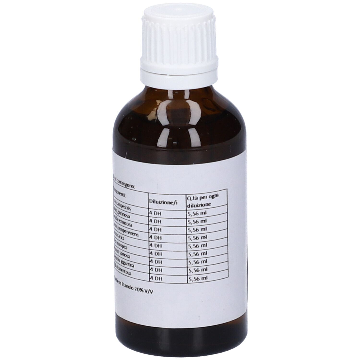 Flacone di vetro marrone con tappo bianco. Etichetta con testo. Scritta: Ingredienti, diluizione, quantità per dose.