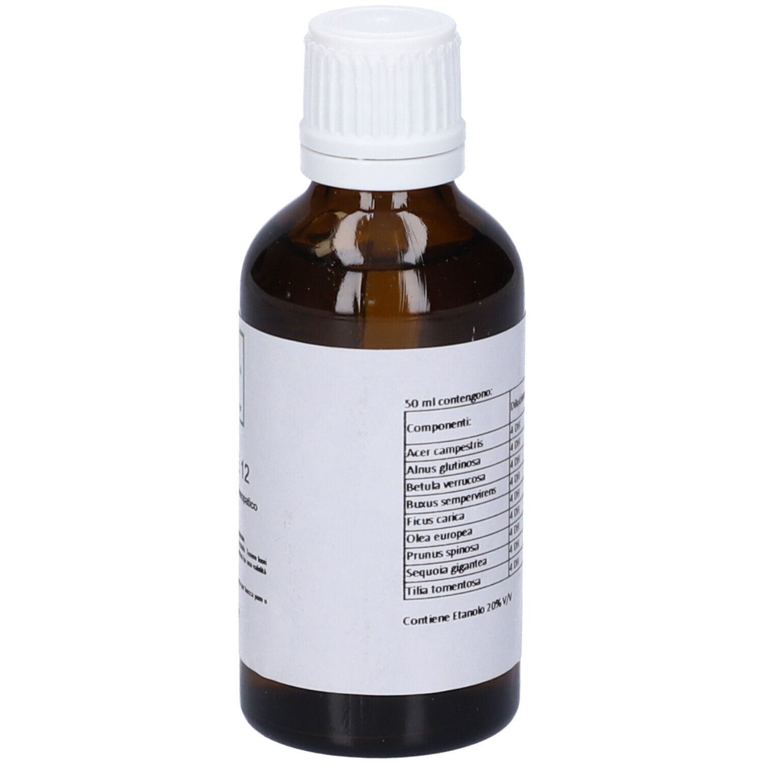 Flacone di vetro marrone con tappo bianco. Etichetta con testo. Scritta: Ingredienti, 50 ml, Etanolo 20% V/V.